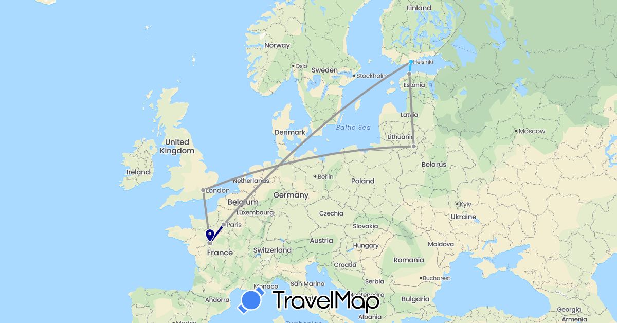 TravelMap itinerary: driving, plane, boat in Estonia, Finland, France, United Kingdom, Lithuania (Europe)
